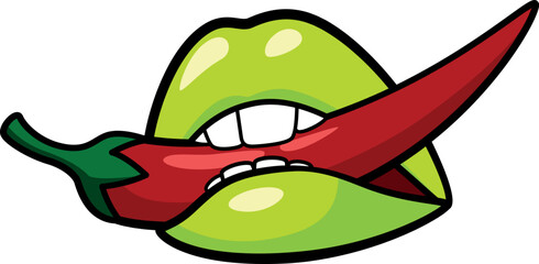 Female mouth with spicy hot pepper. Pop art sticker