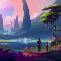 Fototapeta premium Beautiful Organic Alien Planet with people exploring the unknown