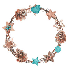 Christmas wreath with dry twigs, pine cones and wood decorations. Watercolor illustration isolated on white background.