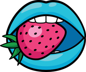 Sexy femal lips with strawberry. Pop art sticker