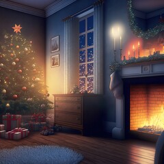fireplace with christmas decoration and tree, christmas eve