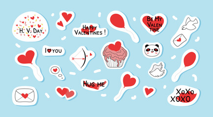Doodle stickers for valentines day vector illustration. Cute red hearts, balloons and congratulatory phrases, panda head, cupid bow, envelopes. 20 flat style elements  © ugguggu