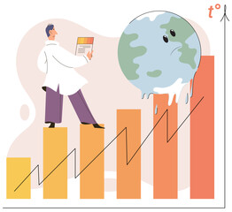 Global warming metaphor concept. Scientist studies problem of rising temperatures on planet Earth. Makes analysis of ecology and environment. Scientific research on climate change, environmental tests