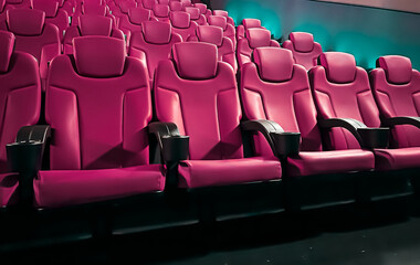 Cinema and entertainment, empty pink movie theatre seats for tv show streaming service and film...