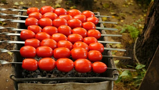 roasted tomatoes on skewers on charcoal time lapse