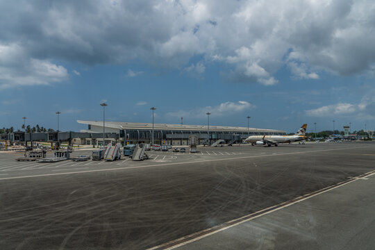 Zanzibar, Tanzania - Nov. 2022, new Terminal Building at "Abeid Amani Karume International Airport" Zanzibar with Etihad Airways Airbus A320 parked in front of Terminal.