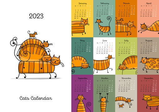 Calendar template, funny cats family. Symbol of 2023. Vector illustration