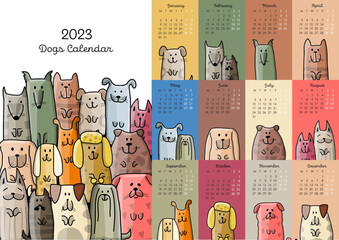 Calendar template, funny dogs family. Symbol of 2023. Vector illustration