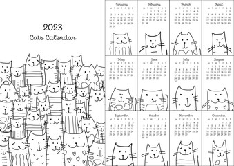 Calendar template, funny cats family. Symbol of 2023. Colouring page. Vector illustration