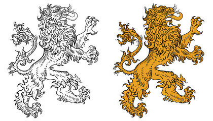 Heraldic lion standing rampaging on its hind legs. Medieval engraving woodcut style vector illustration. Coat of arms, history, fantasy, mythology, astrology, tattoo, logo design. Ink pen drawing. © Natalia