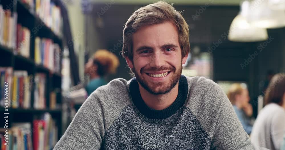 Poster man, student face and in college library for studying, happy and success with smile. portrait, male 