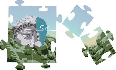 A jigsaw puzzle image of a fragment of David s head on top of green stones with moss. The contact of art and nature. A ready-to-use eps image for your design For posters stickers postcards culture art