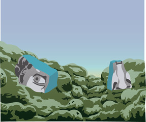 Illustration of the exhibition of the head of David. Parts of the ancient statue lie on mossy mountains. Turquoise color inside the fault. Man-made and nature. A ready-to-use eps image for your design