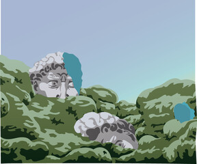Illustration of the exhibition of the head of David. Parts of the ancient statue lie on mossy mountains. Turquoise color inside the fault. Man-made and nature. A ready-to-use eps image for your design