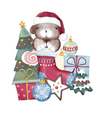 Cute plush fluffy baby teddy bear in a red cap with different Christmas gifts. Digital illustration in watercolor style. Christmas cartoon lovely little bear composition. Christmas greeting card