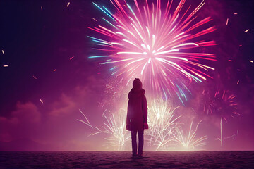 beautiful fireworks on a new year's night on the beach.