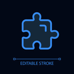 Puzzle piece pixel perfect glassmorphism ui icon for dark theme. Riddle game. Color filled line element with transparency. Isolated vector pictogram for night mode. Editable stroke. Arial font used