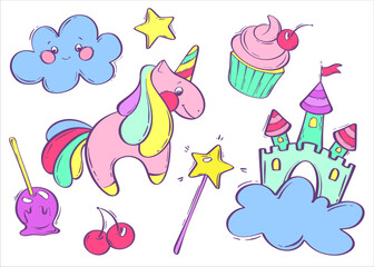 Set with fairy tale unicorn, castle, cupcake and cloud. Purple fantasy pony. Vector illustration in cartoon style. Children's illustration.