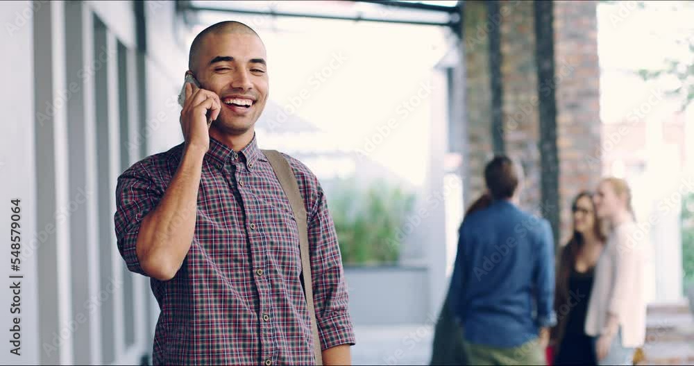 Poster Student, happy and communication on phone call networking and talking after university on campus Smile, college scholarship or school in conversation about success in study, learning during break