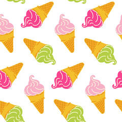 Seamless pattern with colorful ice cream in a waffle cup. Delicious summer dessert. Sundae and Italian gelato. Street food in flat style. Fast food cafe vector illustration