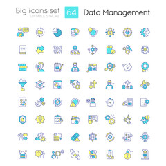 Data management RGB color icons set. Information governance. Database system. Isolated vector illustrations. Simple filled line drawings collection. Editable stroke. Quicksand-Light font used