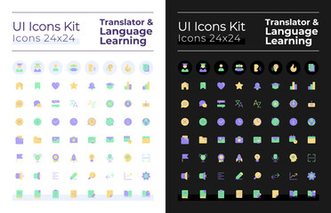 Translator and language learning flat color ui icons set for dark, light mode. Digital program. GUI, UX design for mobile app. Vector isolated RGB pictograms. Montserrat Bold, Light fonts used