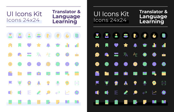 Translator and language learning flat color ui icons set for dark, light mode. Digital program. GUI, UX design for mobile app. Vector isolated RGB pictograms. Montserrat Bold, Light fonts used