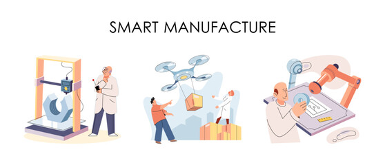 Smart manufacture, automation development metaphor. Innovative smart industry product design, manufacturing process, automated production line, delivery and distribution robots machinery industry 4.0