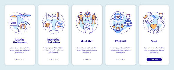 Overcoming self imposed limitations tips onboarding mobile app screen. Walkthrough 5 steps editable graphic instructions with linear concepts. UI, UX, GUI template. Myriad Pro-Bold, Regular fonts used