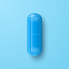 Vector 3d Realistic Blue Pharmaceutical Medical Pill, Capsule, Tablet on Blue Background. Front View. Copy Space. Medicine, Male Health Concept