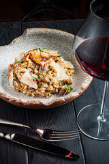 musroom risotto wiht parmesan and red wine