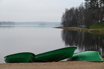 Rowing boats on sandy beach, horizontal picture