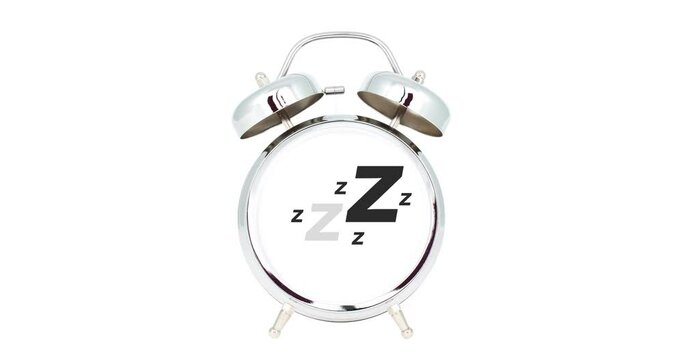 zzz letters appears on empty clock face of classic chrome alarm clock which isolated on white background