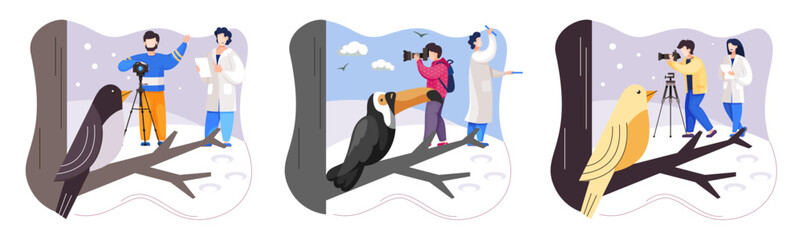 Observation of animals in wild. Ecologists scientists conduct research, take care of fowl and nature. Researcher study flora fauna and environment. Professional ecological activist photographing bird
