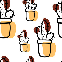 Seamless pattern Doodle cactus, home plant