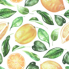Seamless pattern with lemons and leaves. Whole fruit and cut. Watercolor illustration. Isolated on a white background. For design kitchen accessories, product packaging with citrus acid or scent