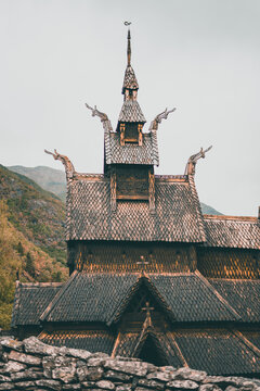 Borgund stave church on a beautiful autumn day in Norway and moody weather