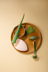 Aloe vera plants on wooden plate cosmetic concept and stone roller face treatment