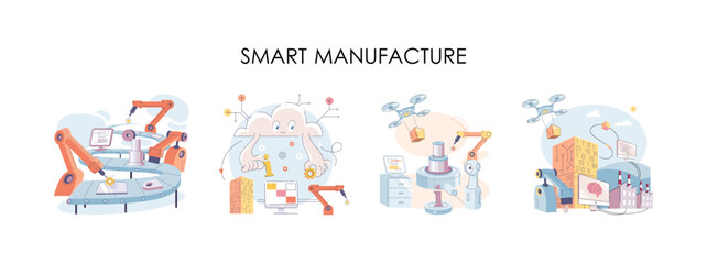 Smart manufacture, automation development metaphor. Innovative smart industry product design, manufacturing process, automated production line, delivery and distribution robots machinery industry 4.0