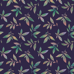 bright leaves painted in watercolor on a dark background, seamless botanical pattern. Abstract background of leaves for wallpaper, textile, print.