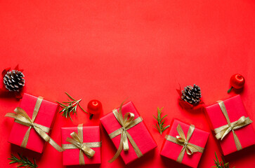 Christmas decoration on red background. Copy space. 