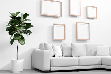 White room with shelf and flower. Scandinavian interior design. 3D illustration