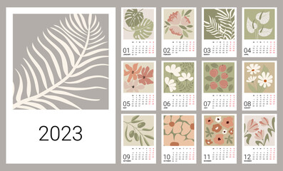 Calendar template for 2023. Vertical design with abstract flowers and plants. Editable vector illustration, set of 12 months with a cover. The week starts on Monday.