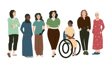 Multicultural diverse international and interracial group of standing women.  For girls power concept, feminine and feminism ideas, woman empowerment and role cards design.