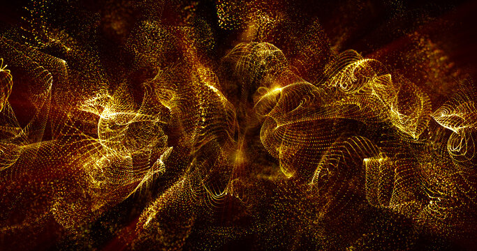 Abstract background of yellow golden moving flying small particles or waves of smoke with glow and blur effect. Screensaver beautiful
