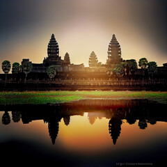 ancient temple complex Angkor Wat with reflected in lake Siem Reap, Cambodia