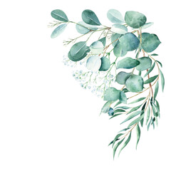 Watercolor foliage bouquet, corner. Eucalyptus and gypsophila branches. True blue, willow, silver dollar, seeded. Hand drawn botanical illustration isolated on white background. Can be used for