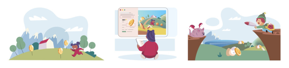 Play to earn games created on basis of blockchain project with elements of NFT, main purpose of earning. Player earn money by playing. Virtual character development business. Cryptocurrency game.