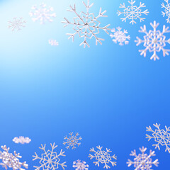 Fototapeta na wymiar 3d snowflakes background in blue color. Winter template for product advertising.