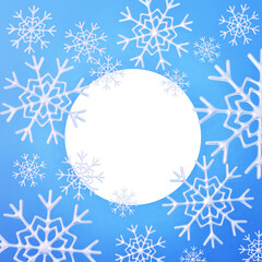 3d snowflakes background with white circle closeup. Blue winter template for product advertising.
